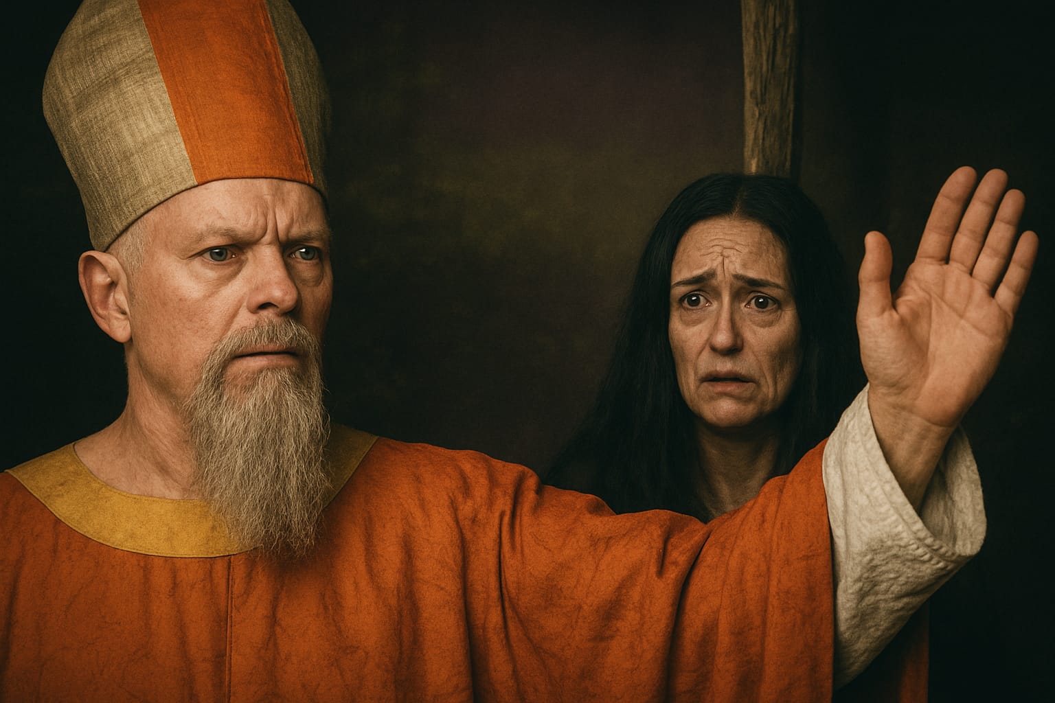 Mężczyzna w ubraniu księdza podnosi prawą rękę, kobieta za nim patrzy zmartwiona, grafika ewidentnie wykreowana przez AI.