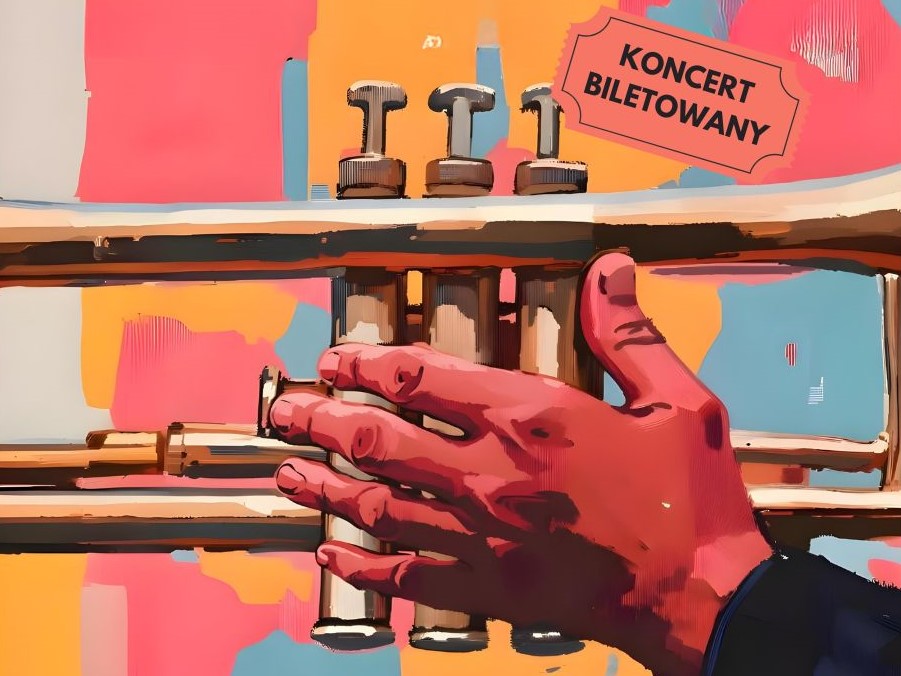 Rysunek ręki trzymającej trąbkę na kolorowym tle, informacje o koncercie.