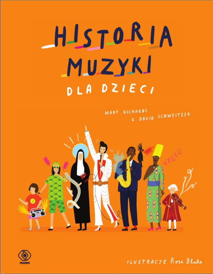 W górnej części obrazka widnieje napis "Historia muzyki dla dzieci". Pod nim widać siedem osób pochodzących z różnych epok i interesujących się innymi gatunkami muzycznymi