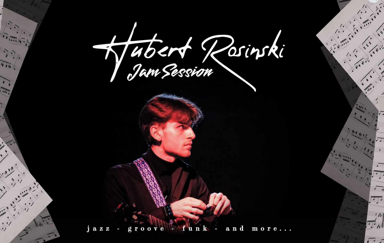 Artysta, dookoła rozrzucone nuty, w górnej części napis Hubert Rosiński Jam Session.