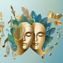Identyfikacja wizualna festiwalu z motywem złotych masek, instrumentów i liści.