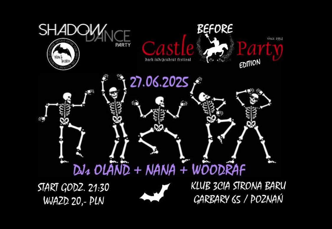 Plakat, który reklamuje imprezę Shadow Dance Party. Na czarnym tle pięć szkieletów w tanecznych pozach, dookoła napisy, które informają o wydarzeniach.
