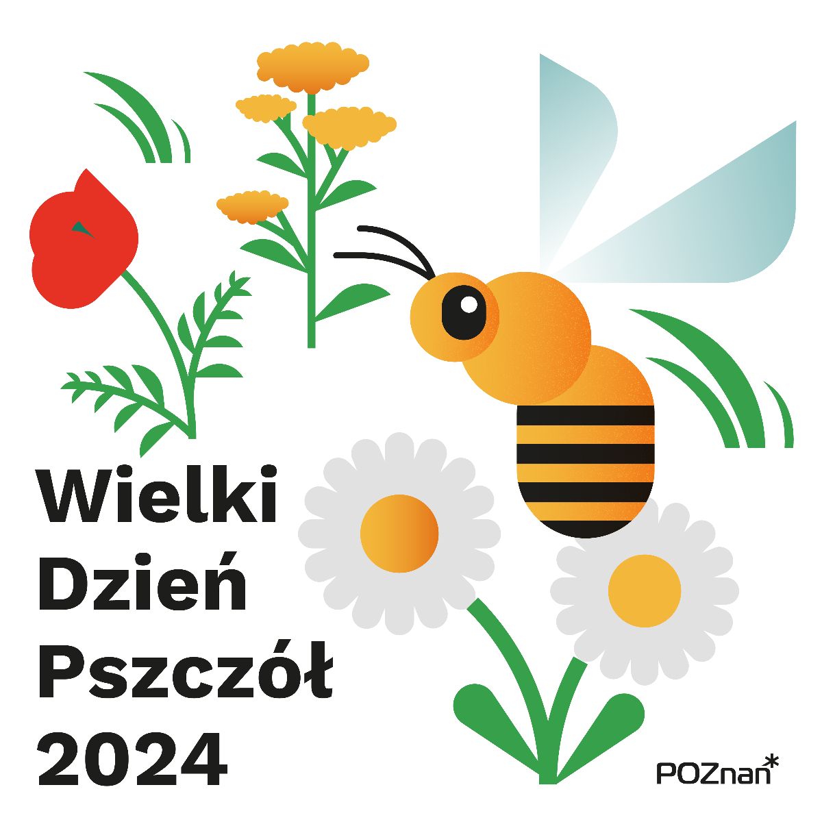 Infografika przedstawia pszczołę wśród kwiatów napis Wielki Dzień Pszczół 2024