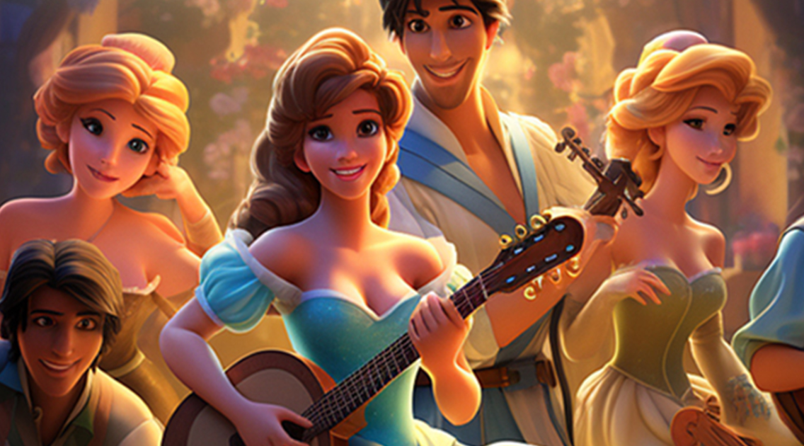 Roześmiane bajkowe postacie, jedna z nich trzyma w dłoniach gitarę.