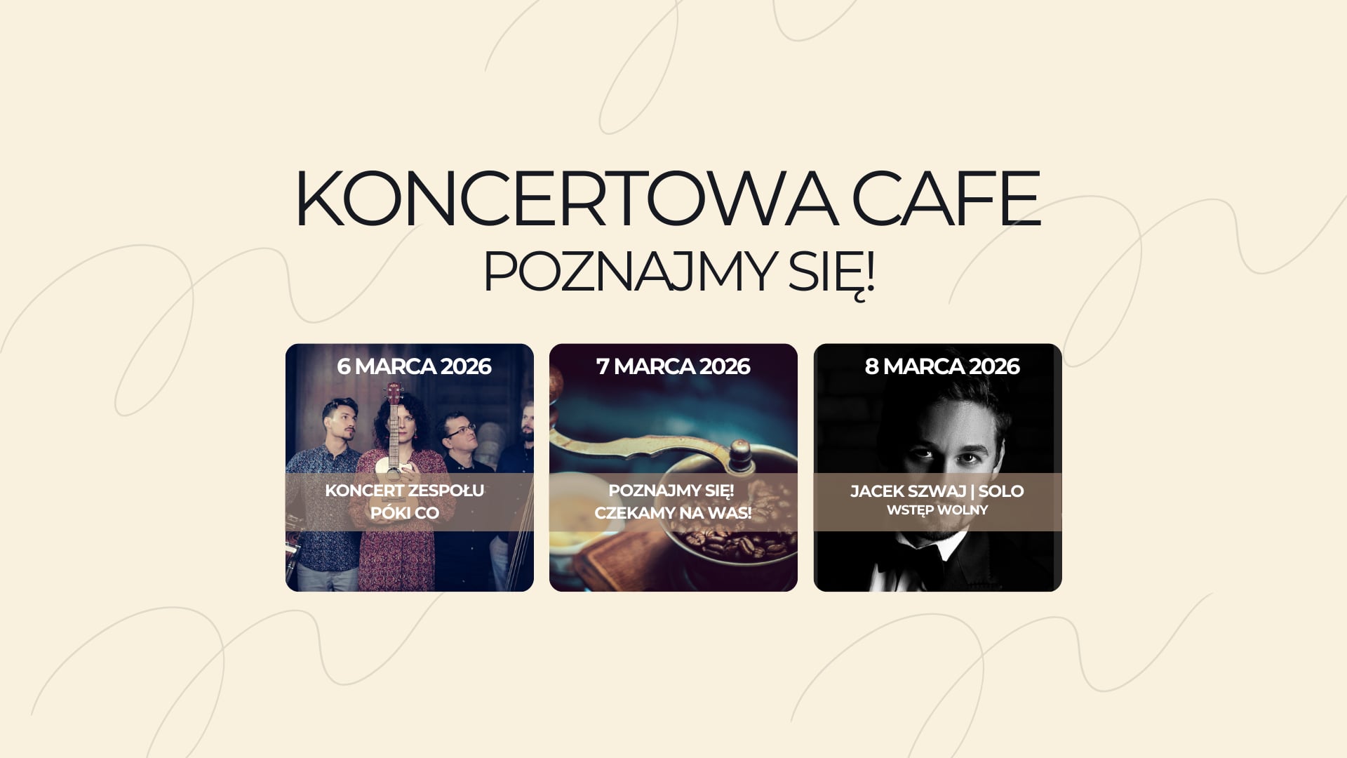 Jasne tło, na nim trzy kwadratowe grafiki ze zdjeciami artystów.