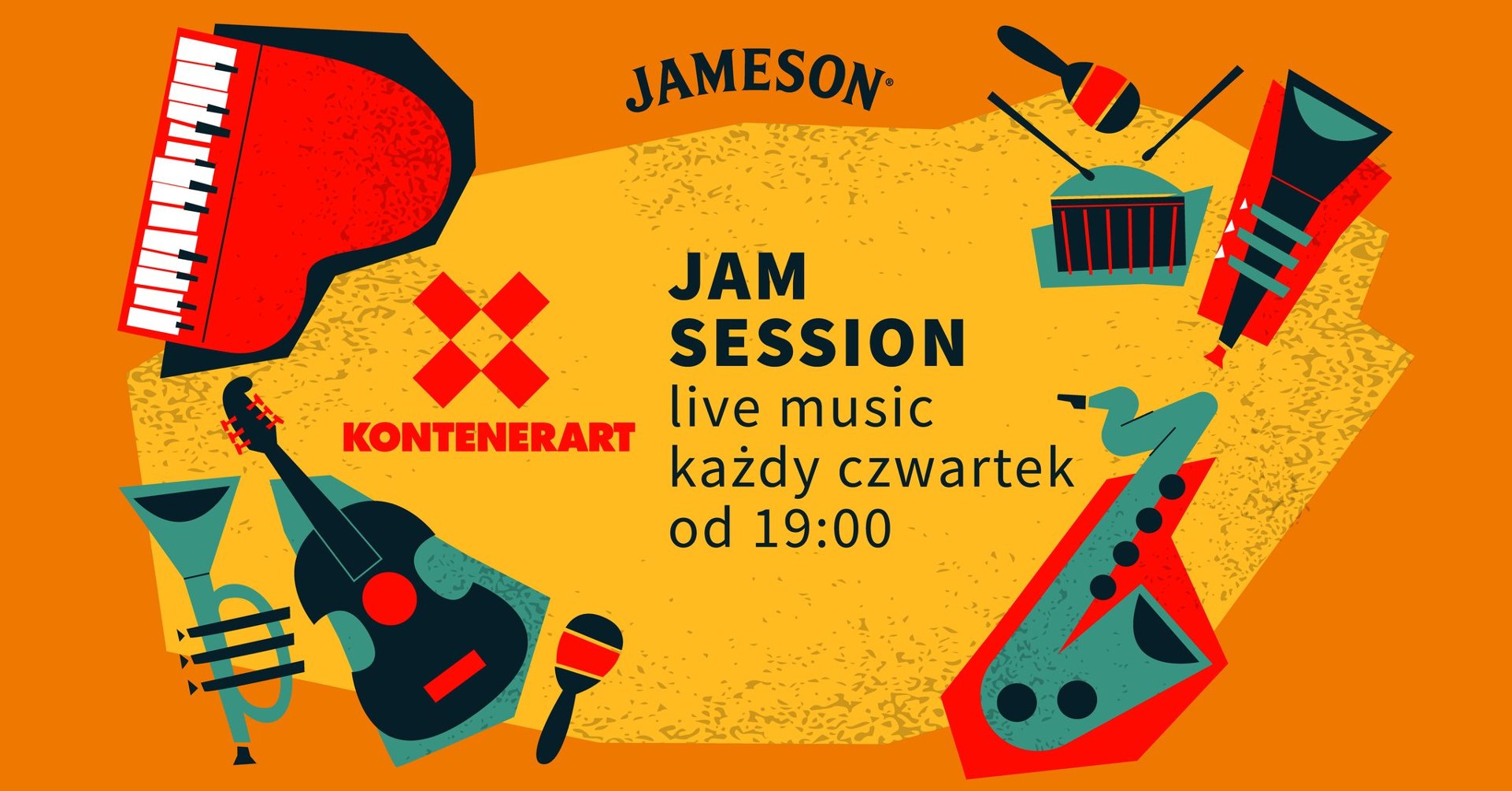 Plakat informacyjny o cyklu Jam Session w KontenerART. Live music w każdy czwartek od 19.00. Plakat jest czerwono-żółty. Na tle rozrzucone są rysunki, które przedstawiają różne instrumenty muzyczne.