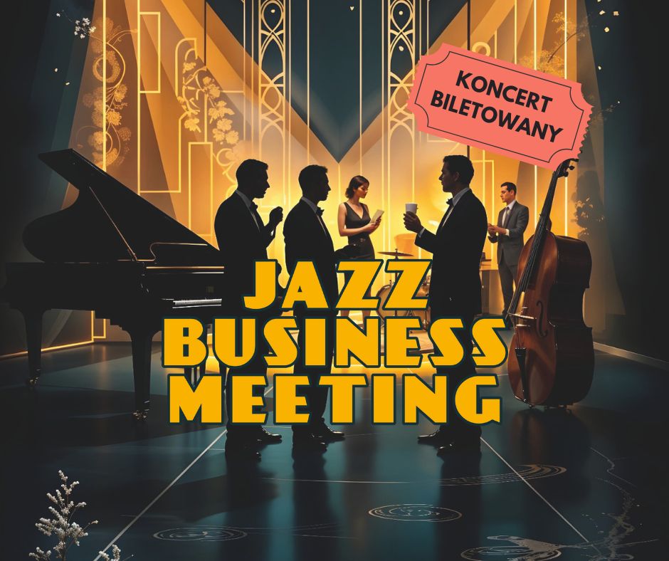 Grafika, osoby elegancko ubrane, które stoją pomiędzy instrumentami, obok napisy informujące o wydarzeniu.