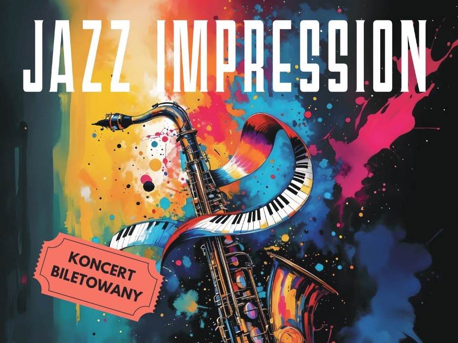 Rysunek saksofonu, który oplata wstęga z klawiszy fortepianowych, na kolorowym tle. Na obrazku również informacje o koncercie jazzowym.