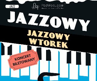 Na obrazku przedstawiony jest logotyp lub okładka wydarzenia o nazwie "Jazzowy Wtorek". Logo wykonane zostało w stylizowanej formie z użyciem elementów związanych z dżezem: niebieskie tło z rysunkiem klawiszy fortepianu.