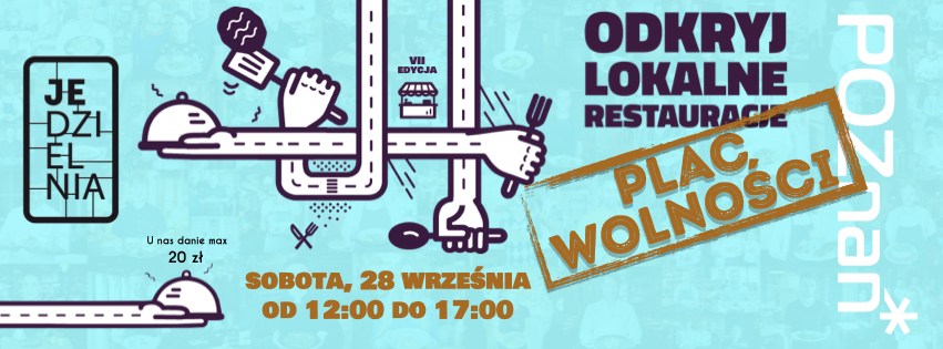 Niebieski plakat w kreatywnej realizacji. Widnieje na nim wiele rąk z kulinarnymi potrawami. Pomiędzy nimi znajduje się informacja o wydarzeniu.