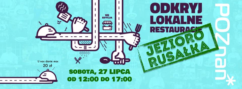 Baner, na niebieskim tle abstraksyjne krzyzujące się ręce trzymające widelec i łyżkę, z boku różna napisy