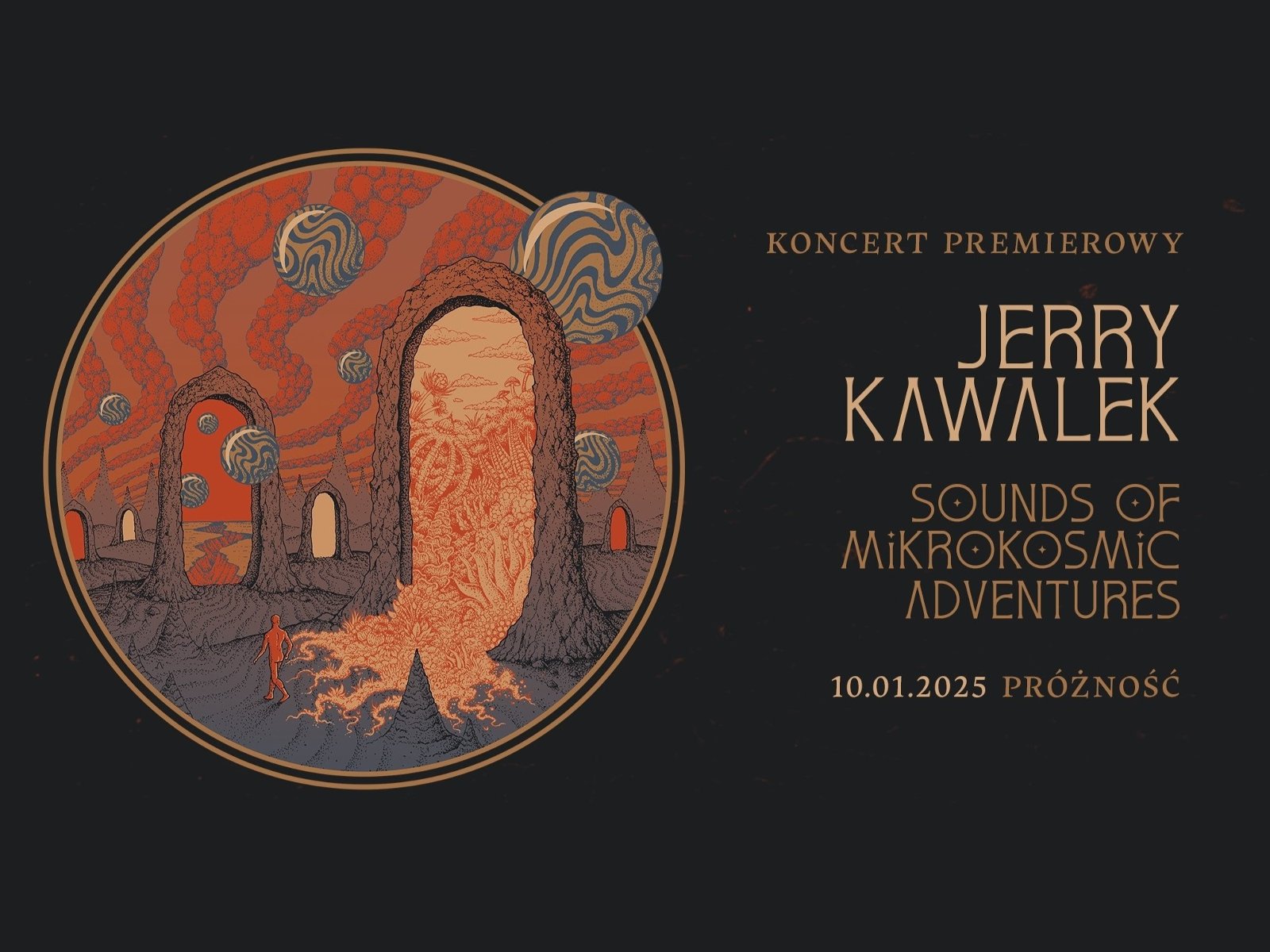 Psychodeliczny obrazek w kole po lewej stronie, po prawej informacje o wydarzeniu.