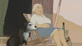 Animowany kadr starszej Pani siedzącej na fotelu na ganku, a obok niej czarno-biały pies.