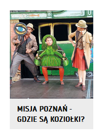 Grafika przedstawia trzy postaci, w tle zielony tramwaj, postać pośrodku przebrana za rzeźbę Bamberki