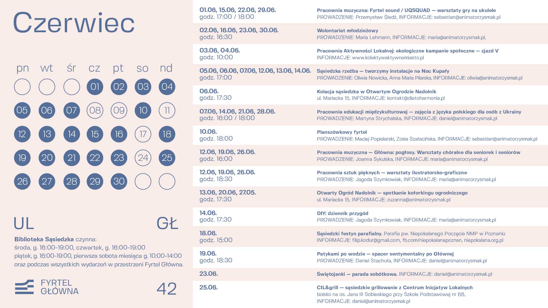 Zdjęcie przedstawia kalendarz z aplanowanym aktywnościami na miesiąc czerwiec w Fyrtel Główny. Wszystkie wydarzenia zostały opisane w opisie.