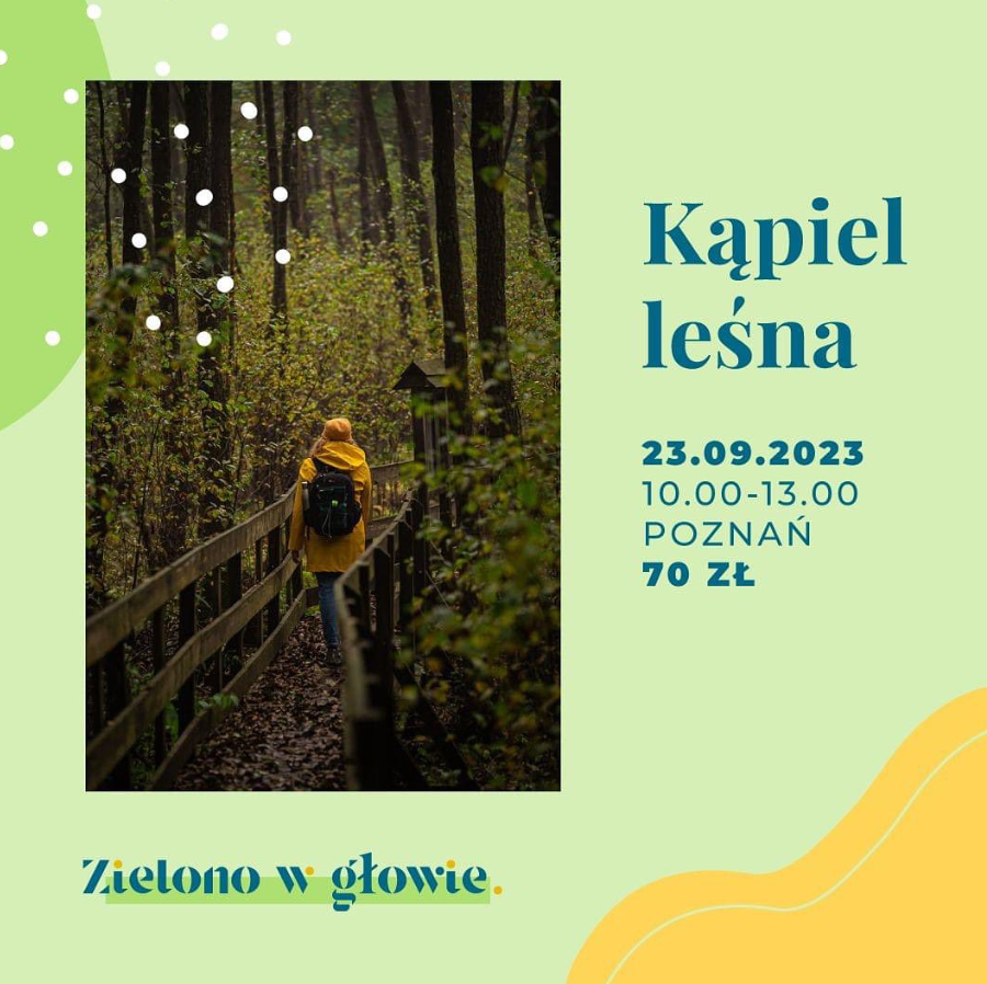 Kąpiel leśna w okolicy Góry Moraskiej. 24.09.2023 r. Od godziny 10.00 do 13.00. Wstęp kosztuje 70 zł. Kobieta spacerująca w lesie.