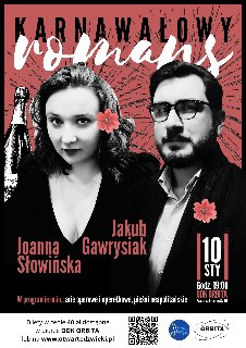 Plakat, który promuje Karnawałowy Romans - koncert, dwoje artystów na czerwonym tle z napisem romans. Ona ma we włosach wpięty czerwony kwiat, on ma wpięty czerwony kwiat w butonierkę.