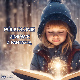 "Półkolonie zimowe z fantazją. Dziewczynka czyta książkę. Nad książką zimne ognie.