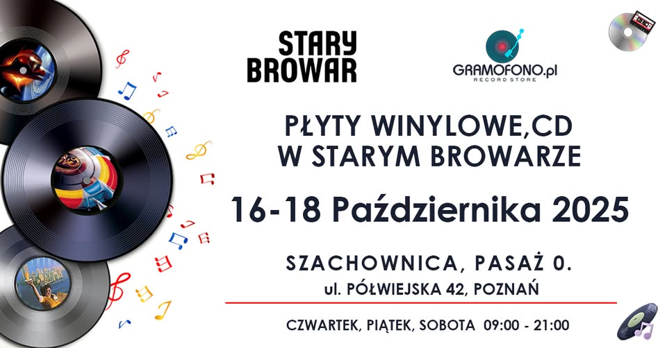 Informacje o kiermaszu płyt muzycznych w Starym Browarze, po lewej trzy płyty winylowe.