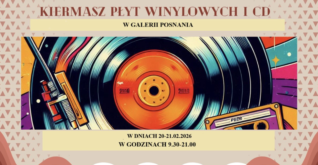 Plakat kiermaszu płyt winylowych i CD w Galerii Posnania. Na grafice płyta winylowa, dookoła abstrakcyjne wzory.
