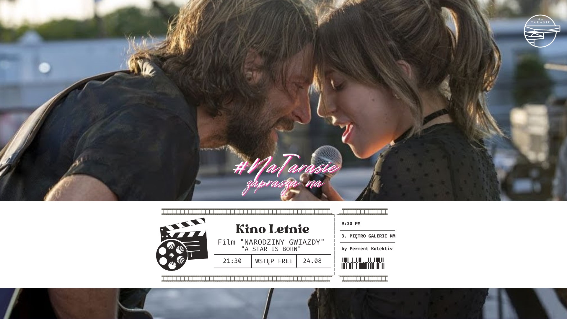 Film "Narodziny Gwiazdy". 24.08.2023 r. Start 21.30. Taras na 3. piętrze Galerii MM. Na plakacie Bradley Cooper i Lady Gaga w kadrze z filmu.