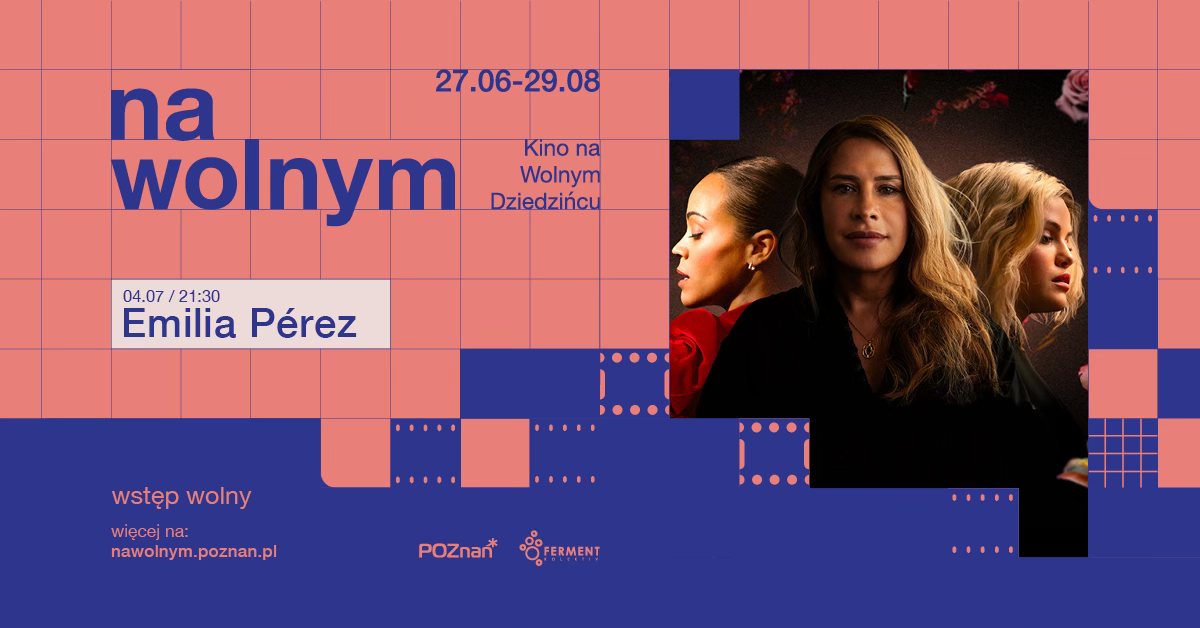 Łososiowo-fioletowy plakat wydarzenia. Po prawej zdjęcie trzech kobiet, które występują w filmie. Po lewej brunetka w czerwonej koszulce. Na środku i po prawej blondynki w czarnych bluzkach.