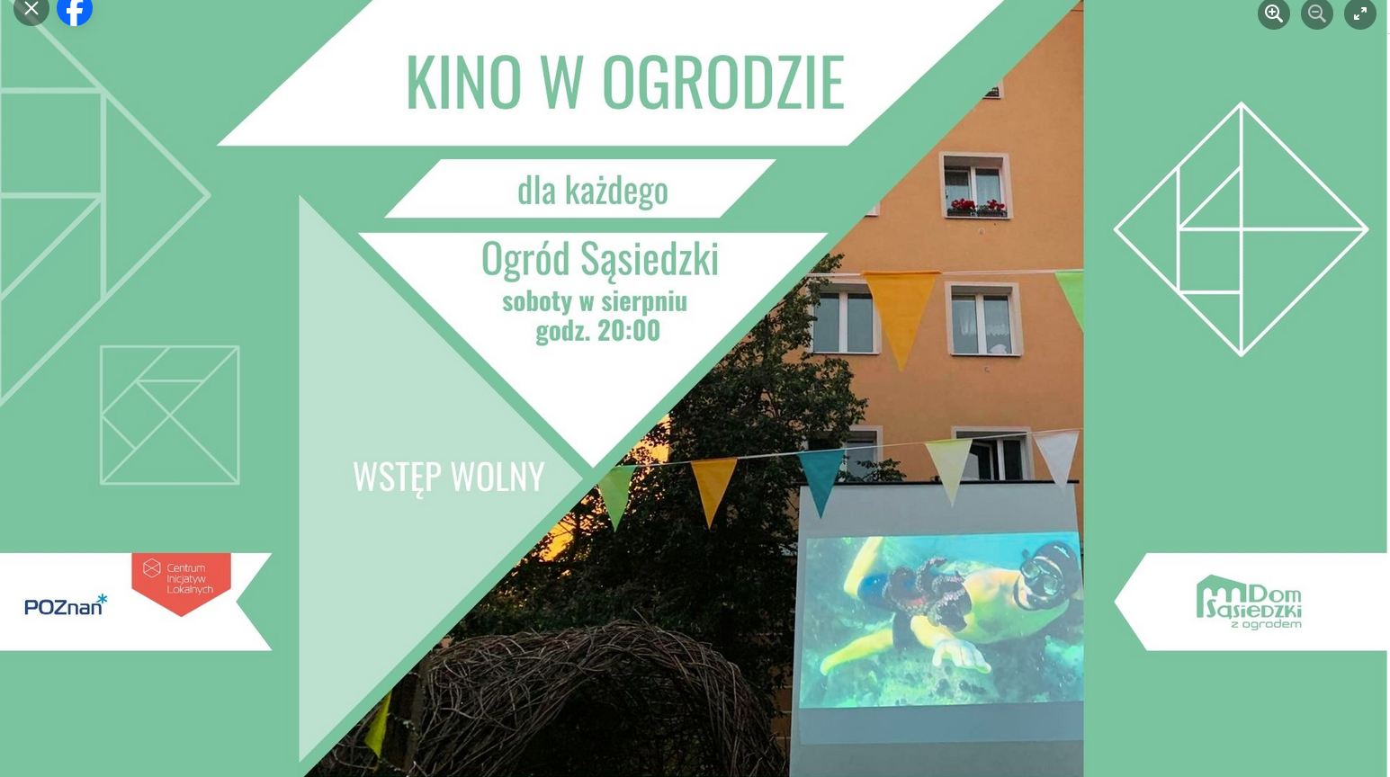 Baner, zielono - białe figury geometryczne, w jednym z trójkątów zdjęcie budynku mieszkalnego, na tle którego wystawiono ekarn. Na banerze napisy informujące o wydarzeniu.