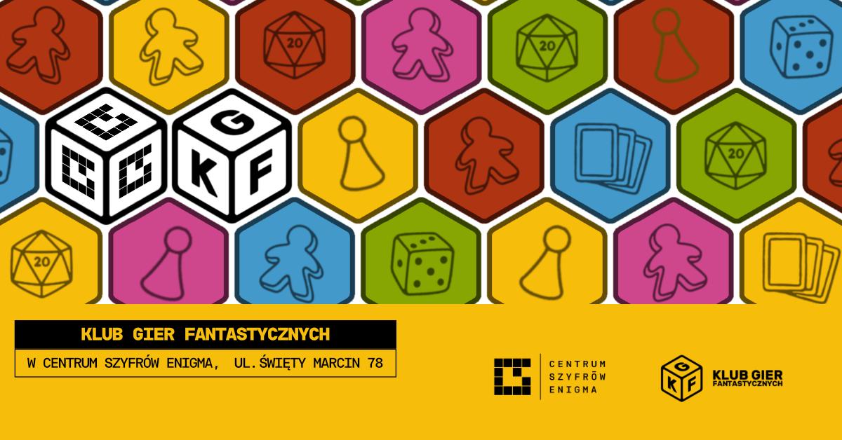 Kolorowa plansza z grafikami związanymi z grami planszowymi: pionki, kostki, karty. Na środku dwie kostki z logiem Centrum Szyfrów Enigma.