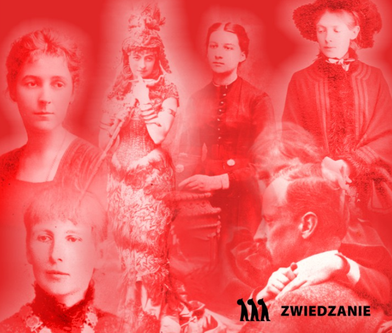 Kilka kobiet otacza mężczyznę, wszyscy są ubrani w histroyczne stroje. Na zdjęcie nałożony jest czerwony filtr.