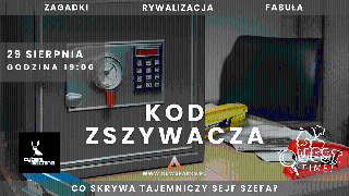 Plakat, zdjęcie sejfu, który stoi na biurku, na zdjęciu napisy informujące o wydarzeniu.