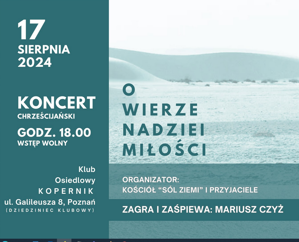 Plakat, napisy informujące o wydarzeniu na tle wydm.