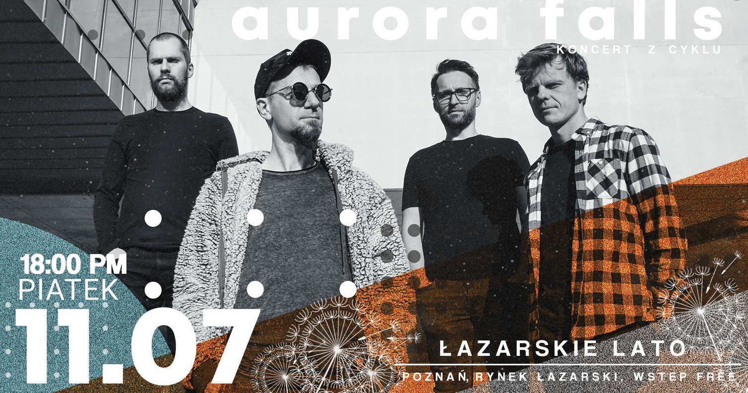 Grupa czterech muzyków na tle zabudowań miejskich, napisy informujące o wydarzeniu.