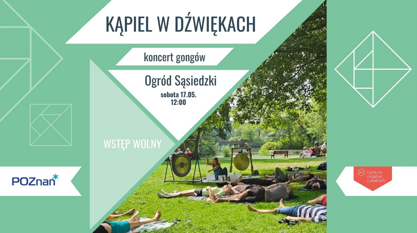 Informacje o koncercie misów i gongów, zdjęcie takowego koncertu na parkowym trawniku pod drzewem.