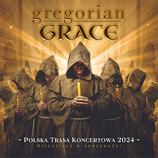 Plakat reklamujący koncert zespołu Gregorian Grace, na którym widać kilka sylwetek zakapturzonych mnichów.