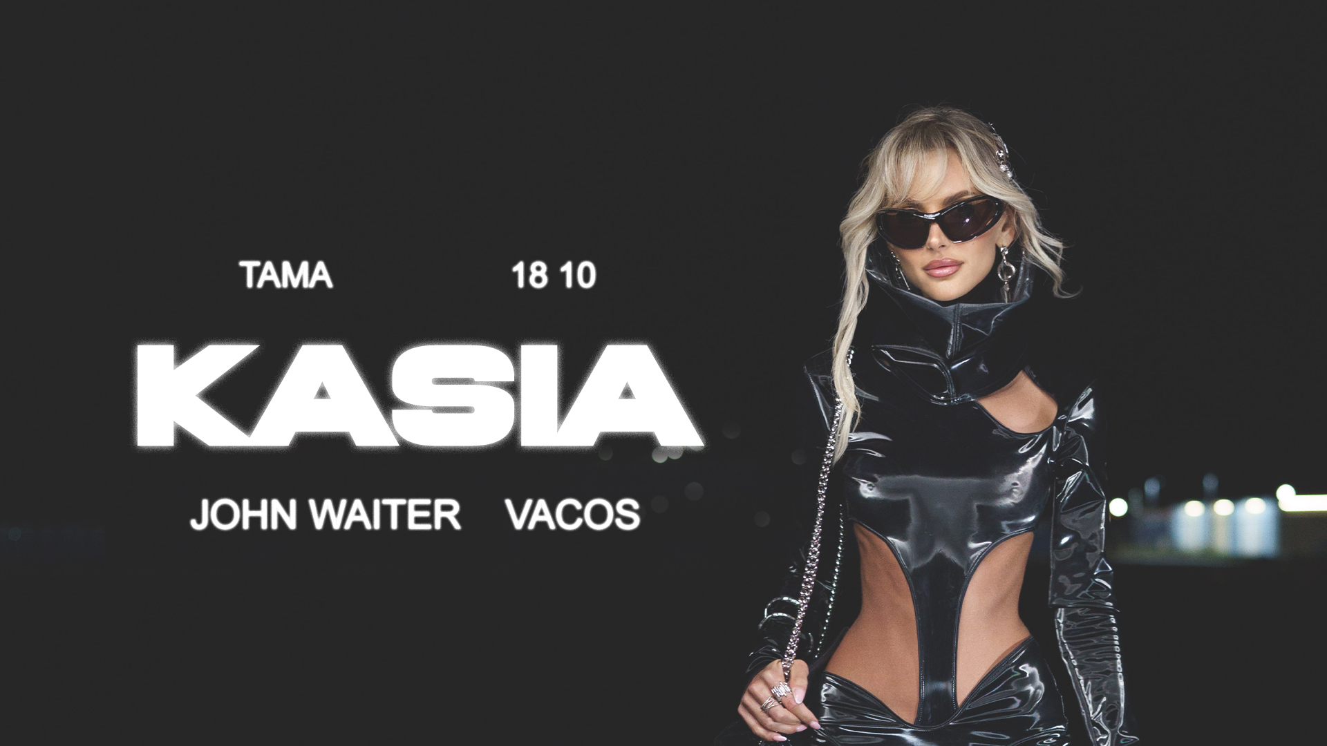 Blond kobieta w lateksowym kostiumie i ciemnych okularach, po lewej informacje o jej koncercie.