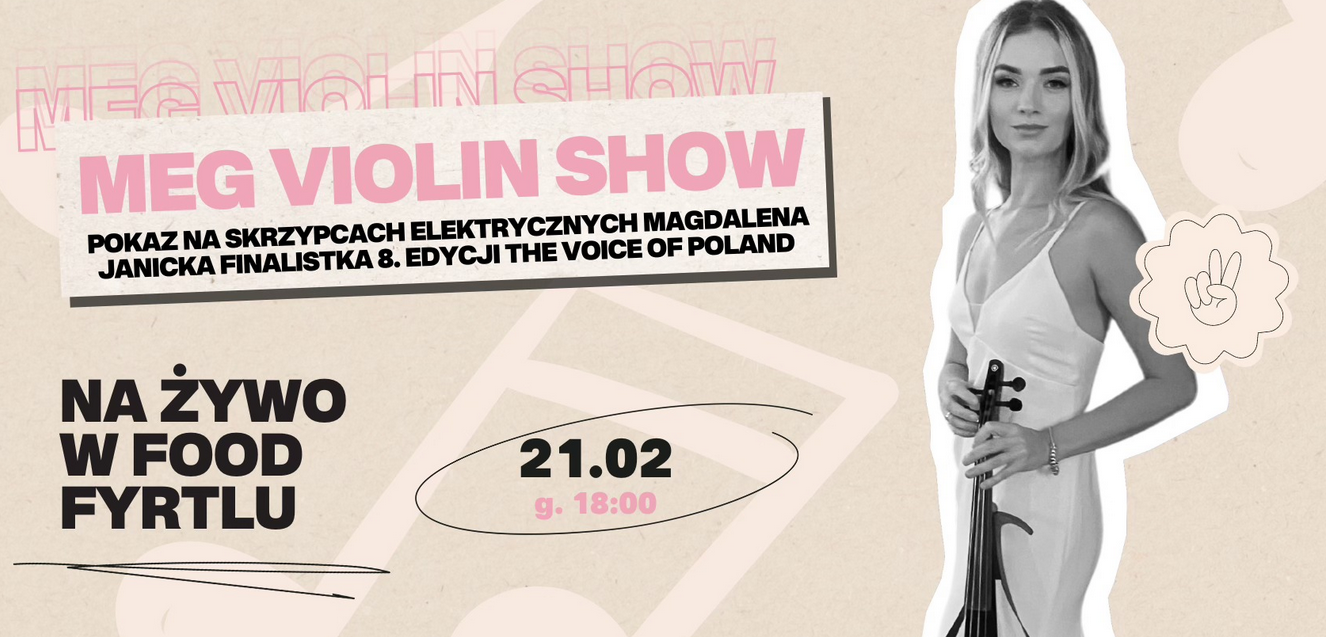 Plakat reklamujący koncert Magia skrzypiec, na zdjęciu artystka w białej sukni, trzymająca skrzypce, obok napisy informujące o wydarzeniu.