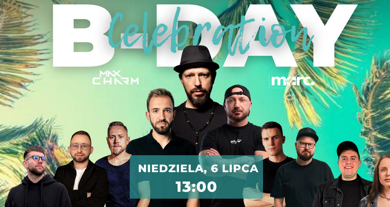 Grupa osób na tle palm, w górnej części zdjęcia napis B-Day Celebration. W dolnej części zdjęcia napis niedziela, 6 lipca, godz. 13:00.