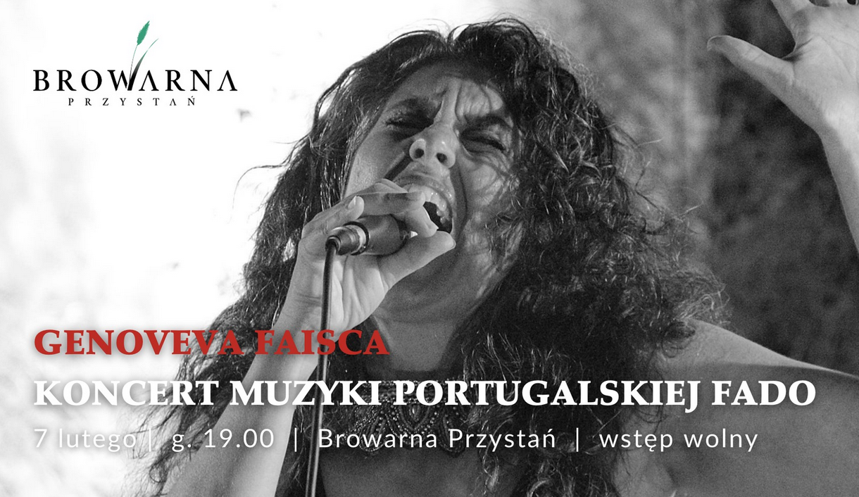 Plakat, który poleca koncert muzyki Fado. Na zdjęciu rozśpiewana artystka, dookoła napisy informujące o wydarzeniu.