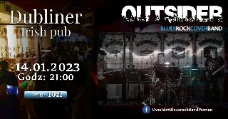 Obrazek reklamuje Koncert Outsider - złote przeboje polskiego rocka. Oprócz szczegółów wydarzenia, w tle widać w połowie wnętrze pubu i w półowie muzyków grających na scenie.