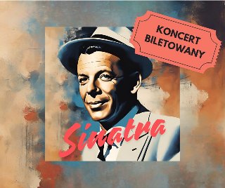 Grafika imitująca obraz, który przedstawia podobiznę Franka Sinatry. Mężczyzna z krótkimi czarnymi włosami, ubrany w szary garnitur z czarnym krawatem i szarym kapeluszem.