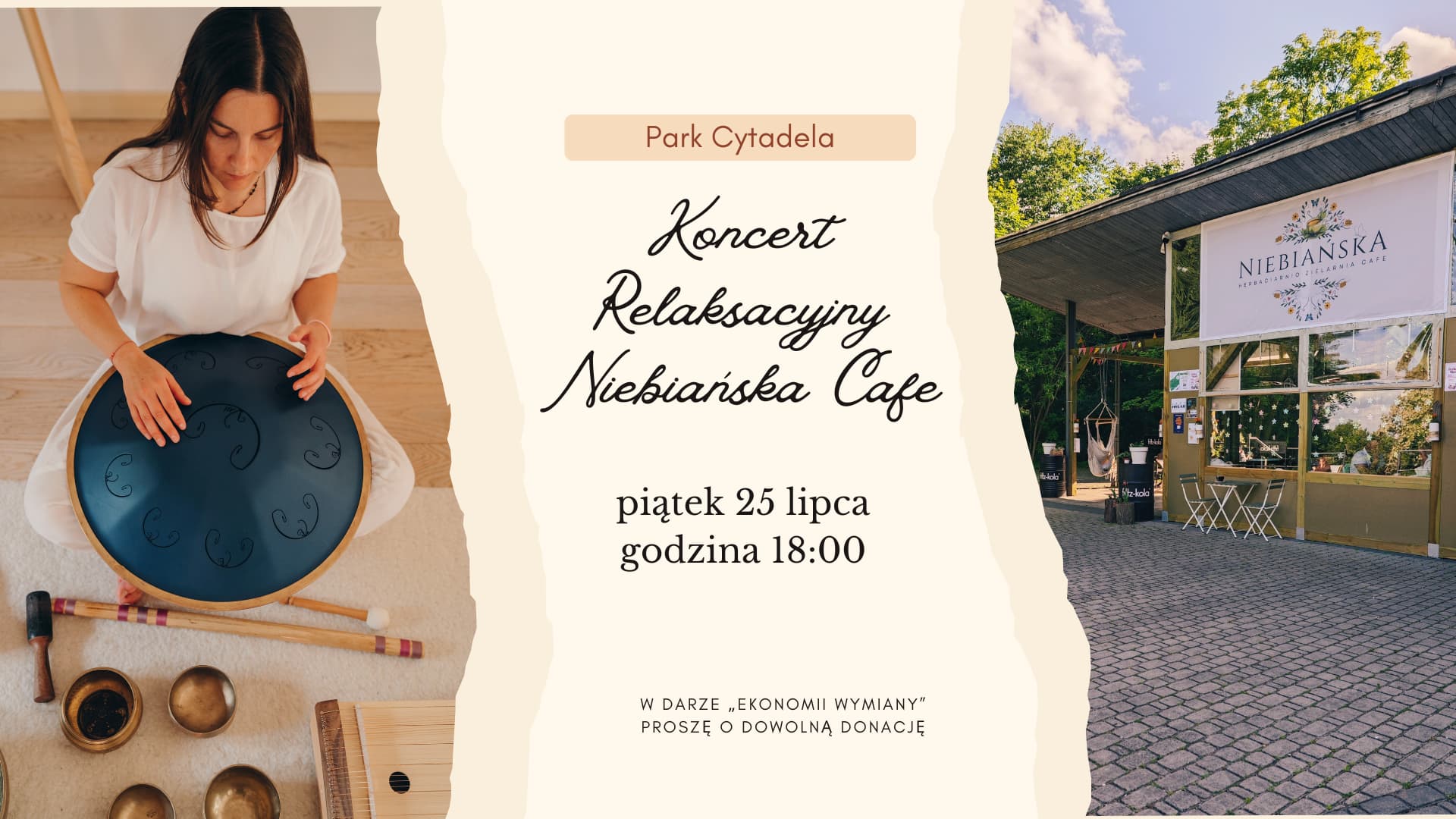 Po lewej zdjęcie z góry kobiety, która gra na instrumencie zwanym "żółw". Przed nią leżą duże drewniane pałeczki i misy. Po prawej zdjęcie kwiarni "Niebiańska".