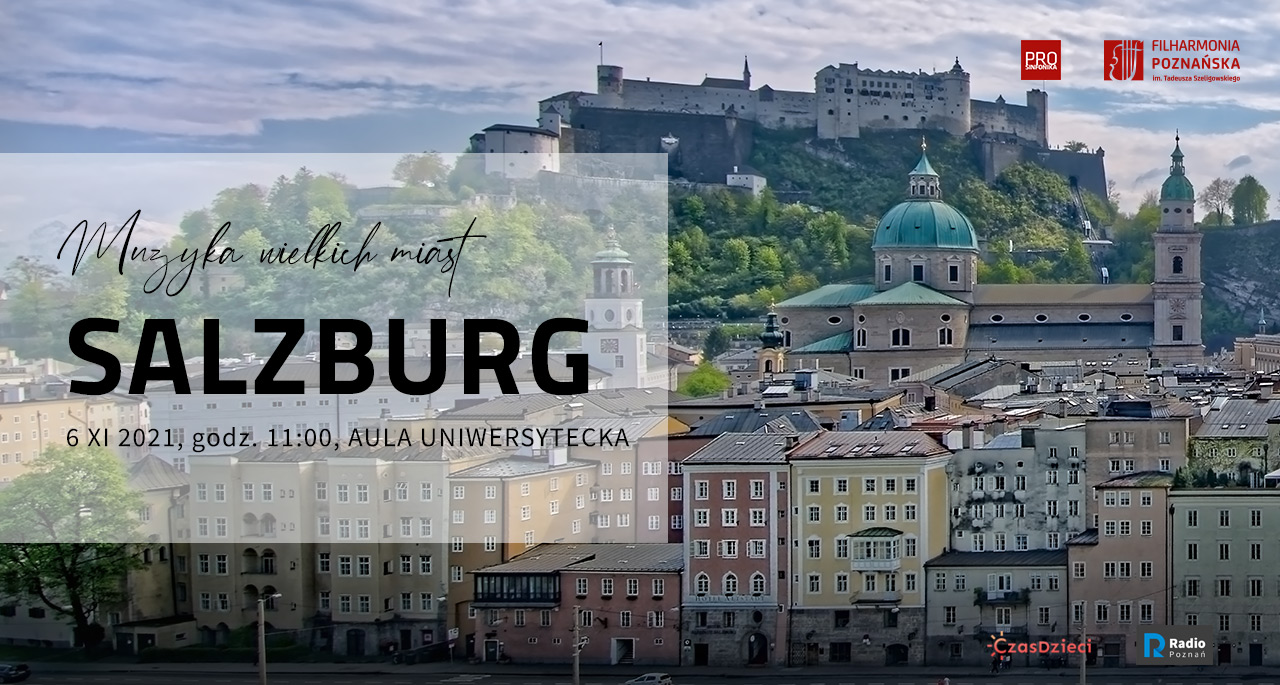 Lewa część obrazka ukazuje informacje na temat koncertu. W tle można zobaczyć panoramę miasta Salzburg.