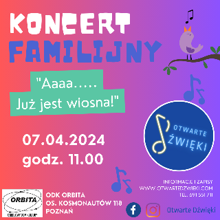 plakat w kolorach fioletu i rózu z napisami, tytuł wyróżniony na zielono wprawym górnym rogu ptaszek na gałązce