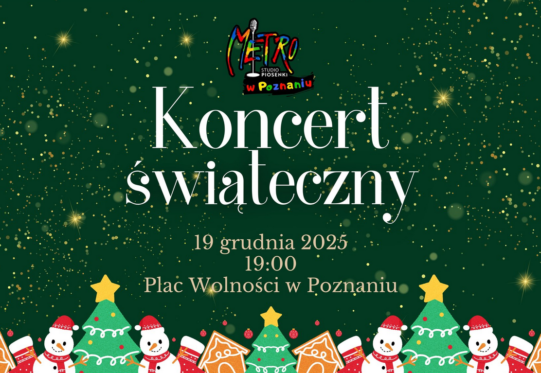 Plakat koncertu świątecznego, na zielonym tle z błyszczącymi gwiazdkami i lampkami napisy informujące o koncercie, które są zamieszczone w treści artykułu.