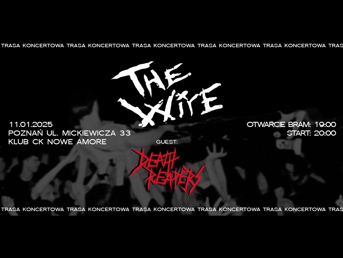 Informacje o koncercie TheWire i Death Reapers z logami zespołów, w tle czarno białe zdjęcie tłumu na koncercie.