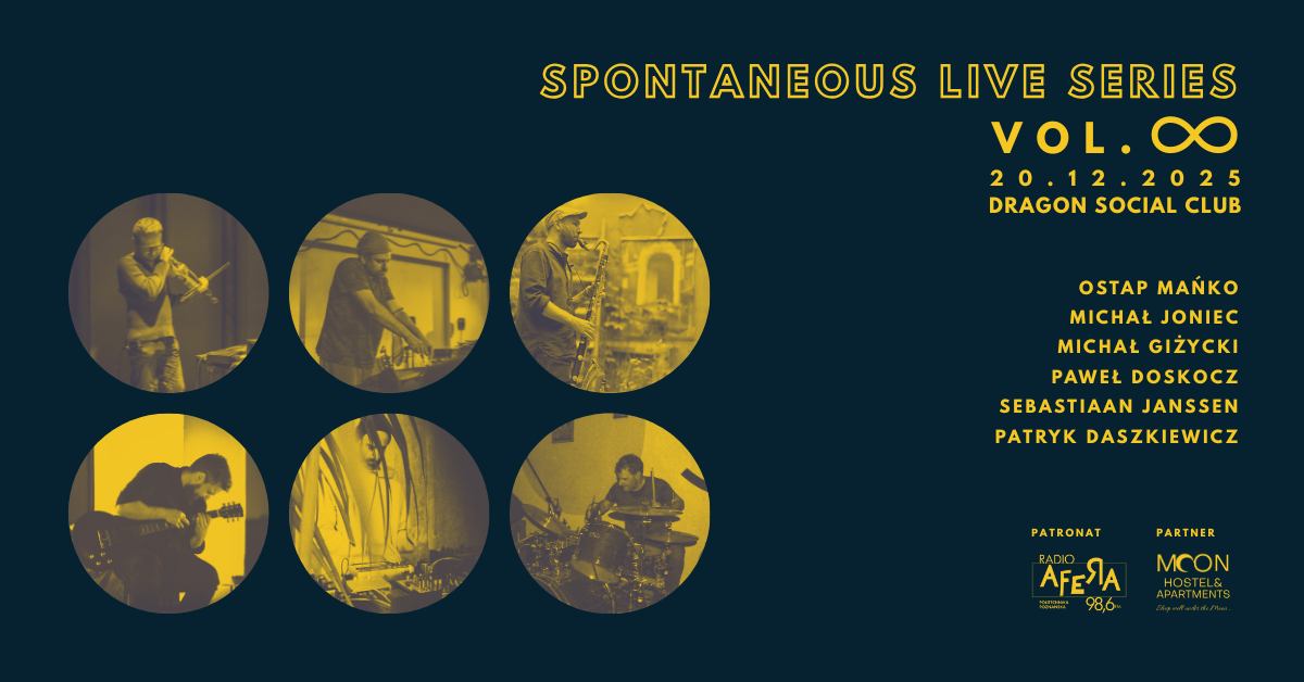 Granatowe tło z sześcioma żółtymi kółkami, w których znajdują się fotografie muzyków.