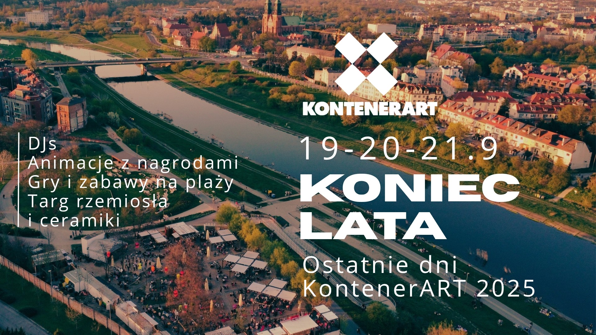 Widok z lotu ptaka na Wartę. Na lewym brzegu rozrywkowa przestrzeń KontenerART. Po prawej stronie brzegu budynki mieszkalne i Katedra Poznańska.