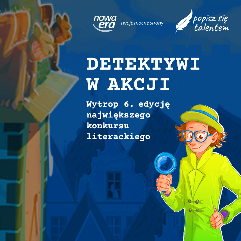 Detektyw z lupą i nazwa konkursu.