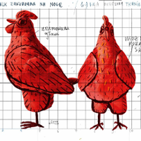 Kura jest cała czerwona, skrzydła, oczy oraz dziób są zaakcentowane na czarno.