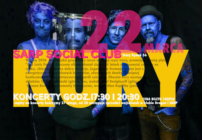 Plakat promujący koncert zespołu Kury, który odbędzie się 22 marca w poznańskim SARP Social Club. Grafika przedstawia czterech członków zespołu w niebieskiej kolorystyce na ciemnym tle, zdominowanym przez duży, żółty napis z nazwą grupy. Poniżej znajdują się szczegóły wydarzenia, w tym godziny koncertów (17:30 i 20:30) oraz cena biletów.